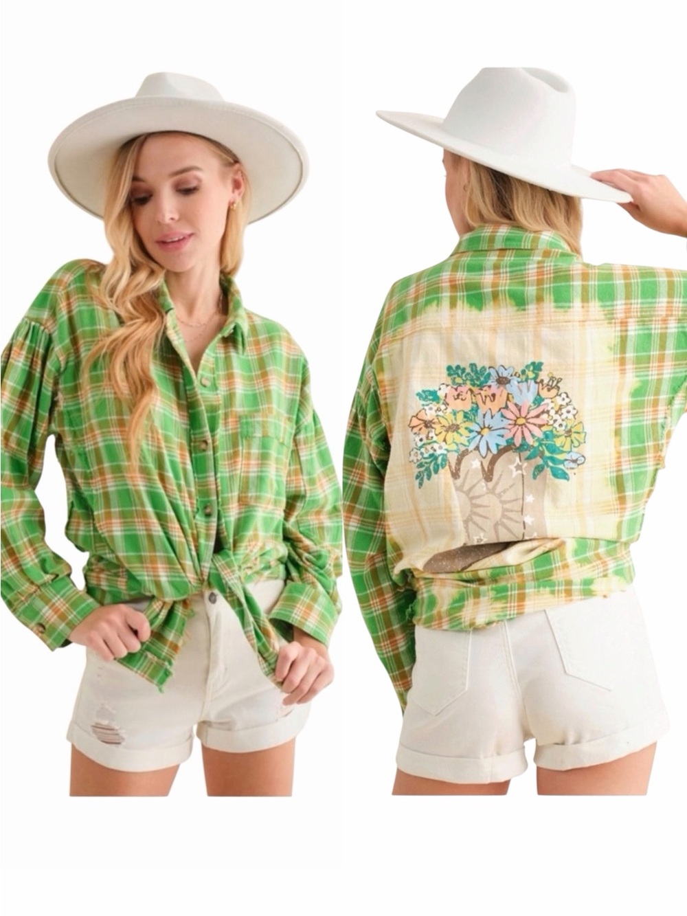 NEW blue b Green Plaid Painted Cowboy Boots & Flowers Oversized Button Up Shirt